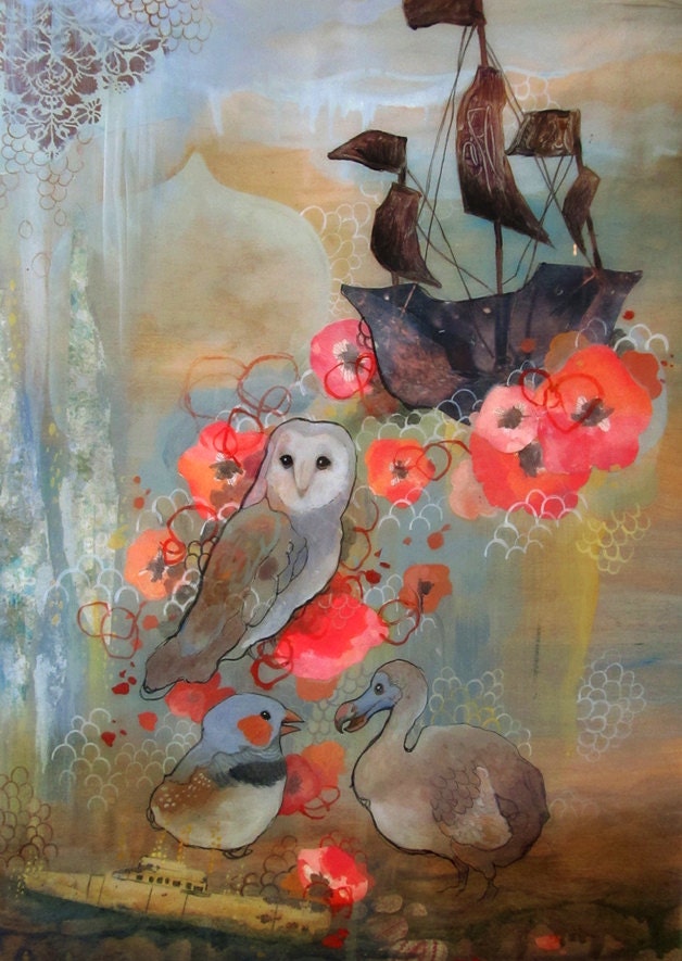 Owl, finch, dodo painting.  Limited edition art panel on wood with resin. blue, bright red animal painting