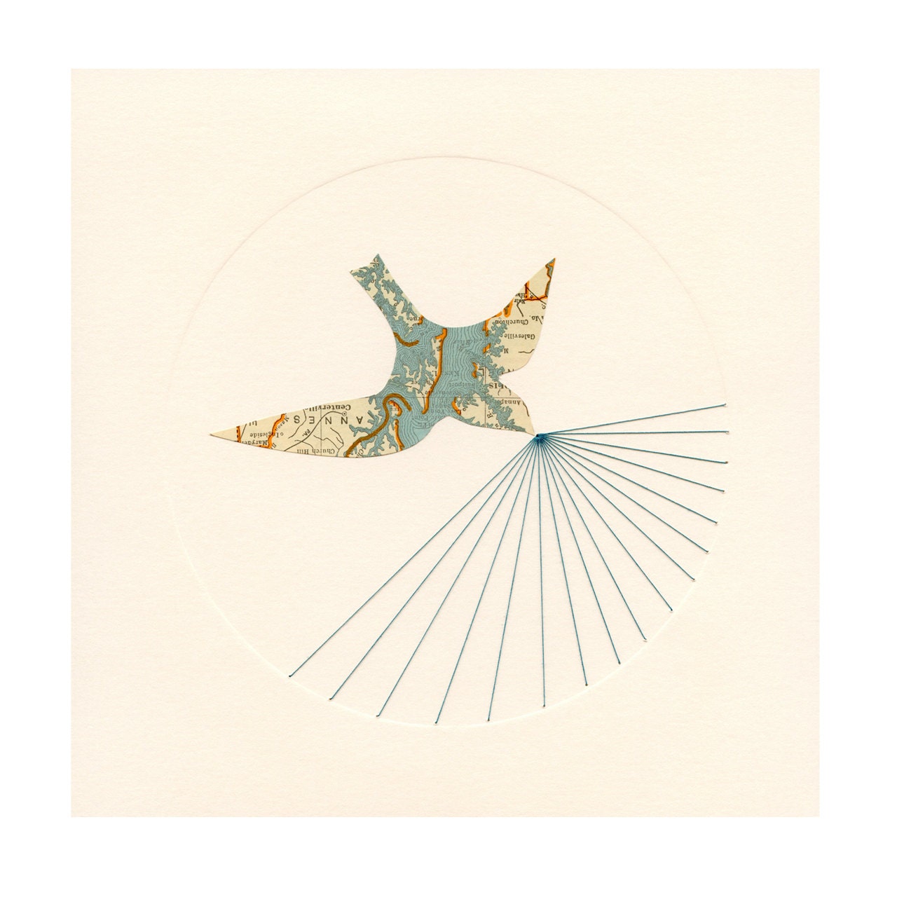 GREETING CARD 'Seeker' / map collage bird blue orange teal thread circle square