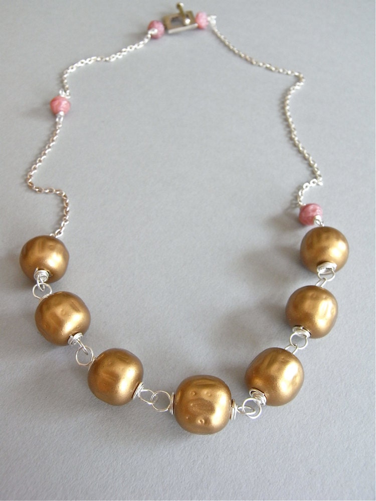 Necklace - sterling silver, vintage glass pearl, vintage glass, wire wrapped - Rose Gold