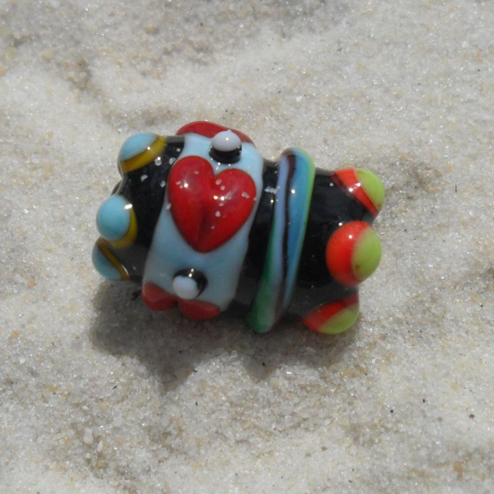 Lampwork Focal, Hearts Red-Blue-Black Handmade SRA LETEAM Glassymom