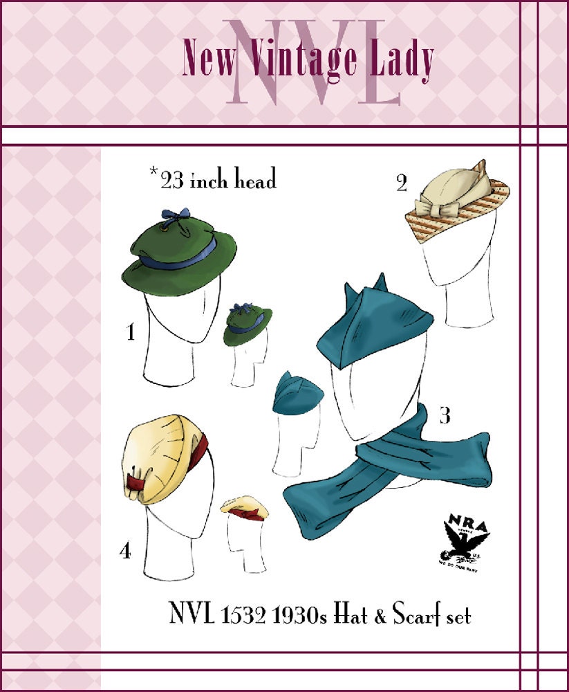 NVL 1930s Hat Quartet with Scarf repro pattern 23 inch head PLUS SIZE