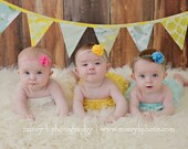 Yellow and Blue Fabric Flag Bunting Banner, Designer's Choice, Ready To Ship, 7 Medium Flags.  Photography Prop, Wedding Decoration.