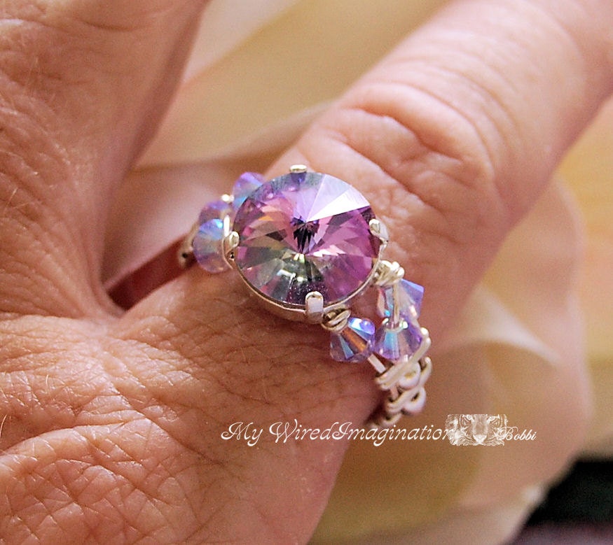 12mm Vitrail Light - Swarovski Crystal Sterling Silver Handmade Wire Wrapped Ring Fine Jewelry