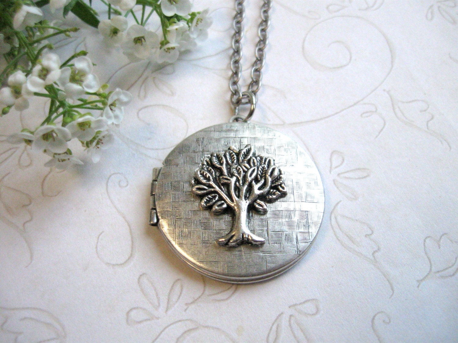 Silver tree locket necklace, vintage silver locket, tree of life, keepsake