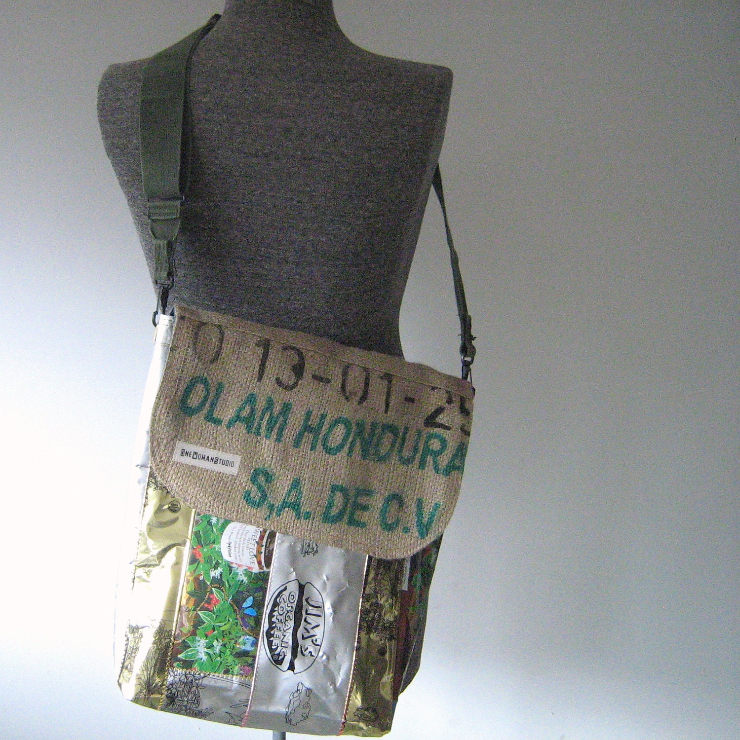Recycled Coffee Bag and Burlap Messenger Bag, Purse, Handbag