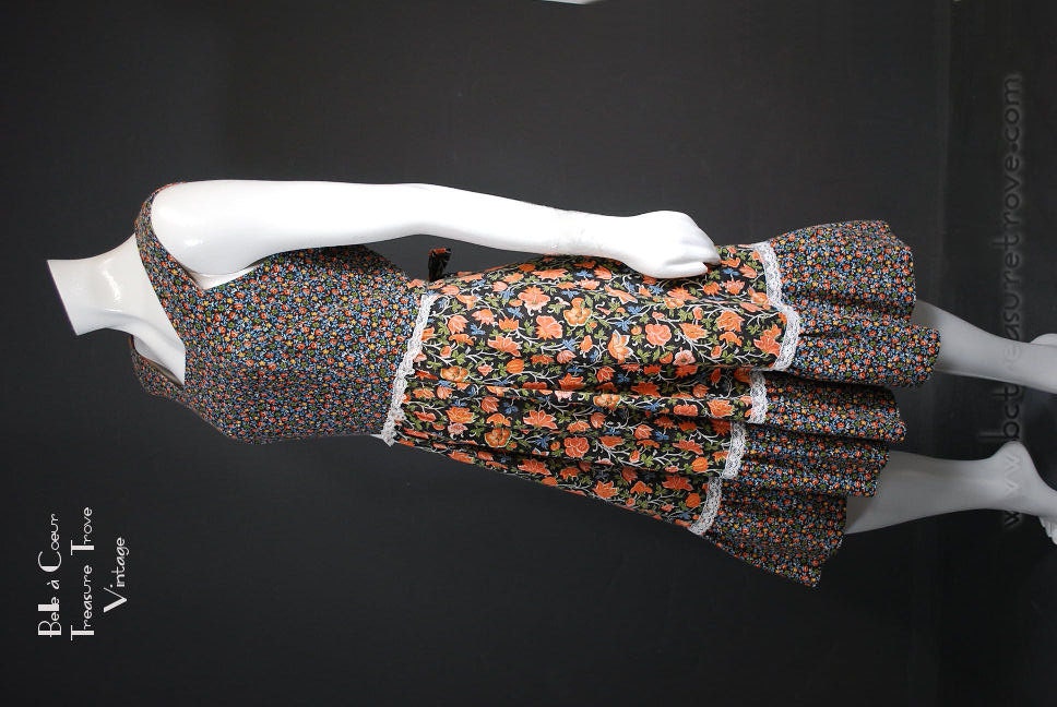 1970s Prairie Dress Calico Lace Ruffle Sleeveless Boho Gypsy Vintage Medium
