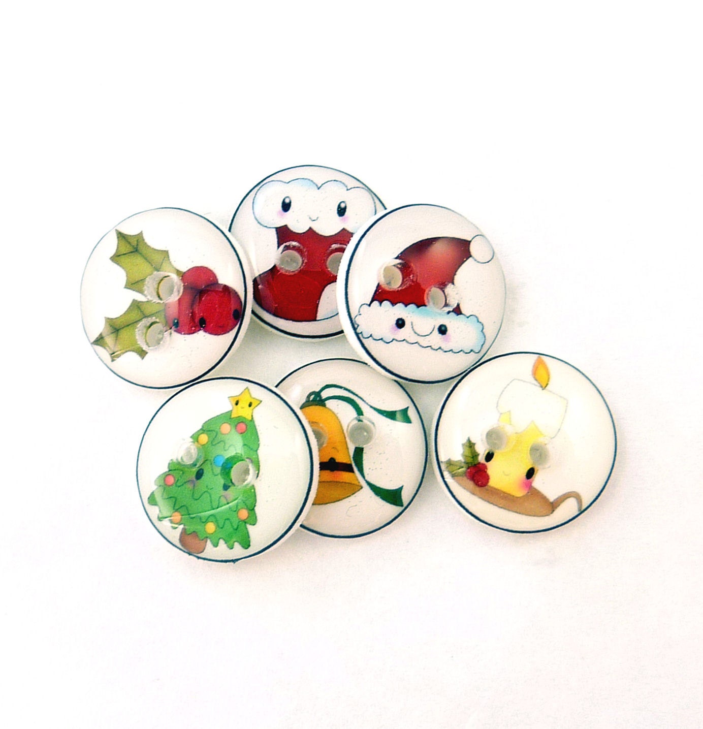 6 SMALL Kawaii Christmas Buttons. Handmade Buttons. Sew on.  Christmas Tree, Christmas Stocking, Santa Hat, Candle Stick, Holly berries.