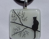 Cat in the tree branches black and white fused glass pendant with velvet necklace 1555