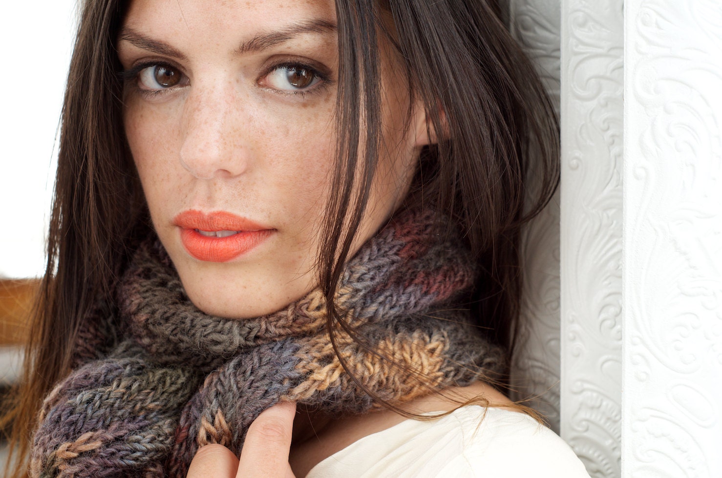 handknit woolen scarf in grays and browns