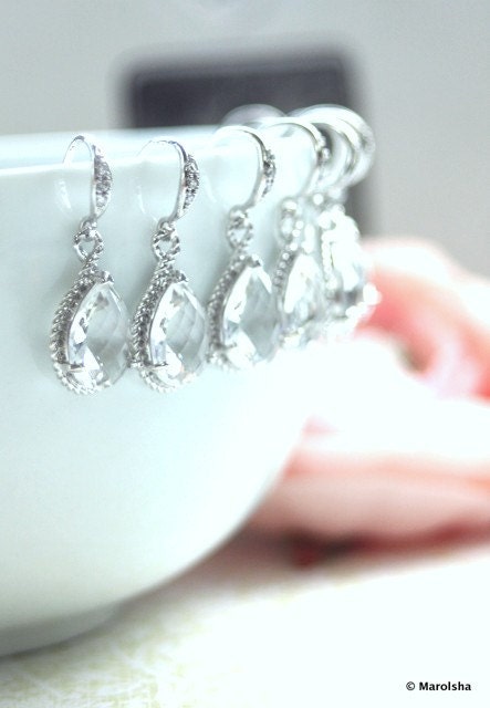Set of 5, Five Pairs Wedding Earrings. A Pear, Teardrop Clear Glass White Earrings.  Wedding Bridal Bridesmaid Earrings