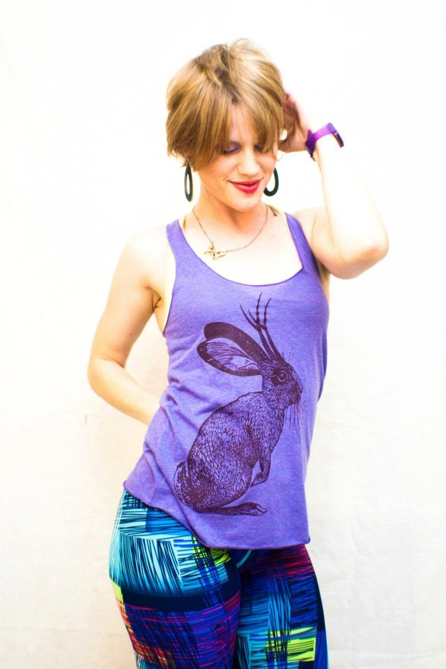 New - Jackalope triblend tank top - eco-friendly deep red ink screenprint on purple racerback - womens sizes S, M, L