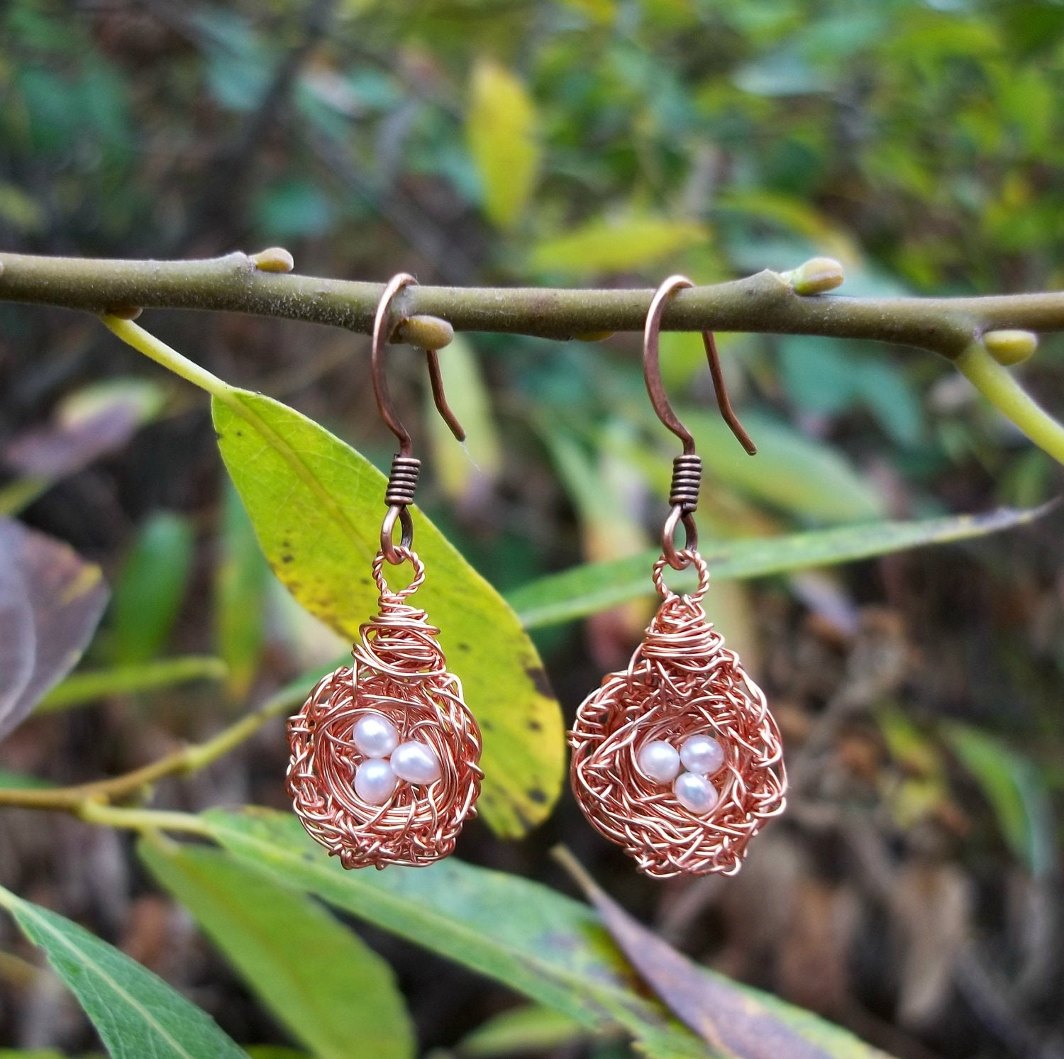 Tiny Messy Copper Wire Bird's Nest With Ivory Seed Pearl "Eggs" Dangle Earrings (made to order)