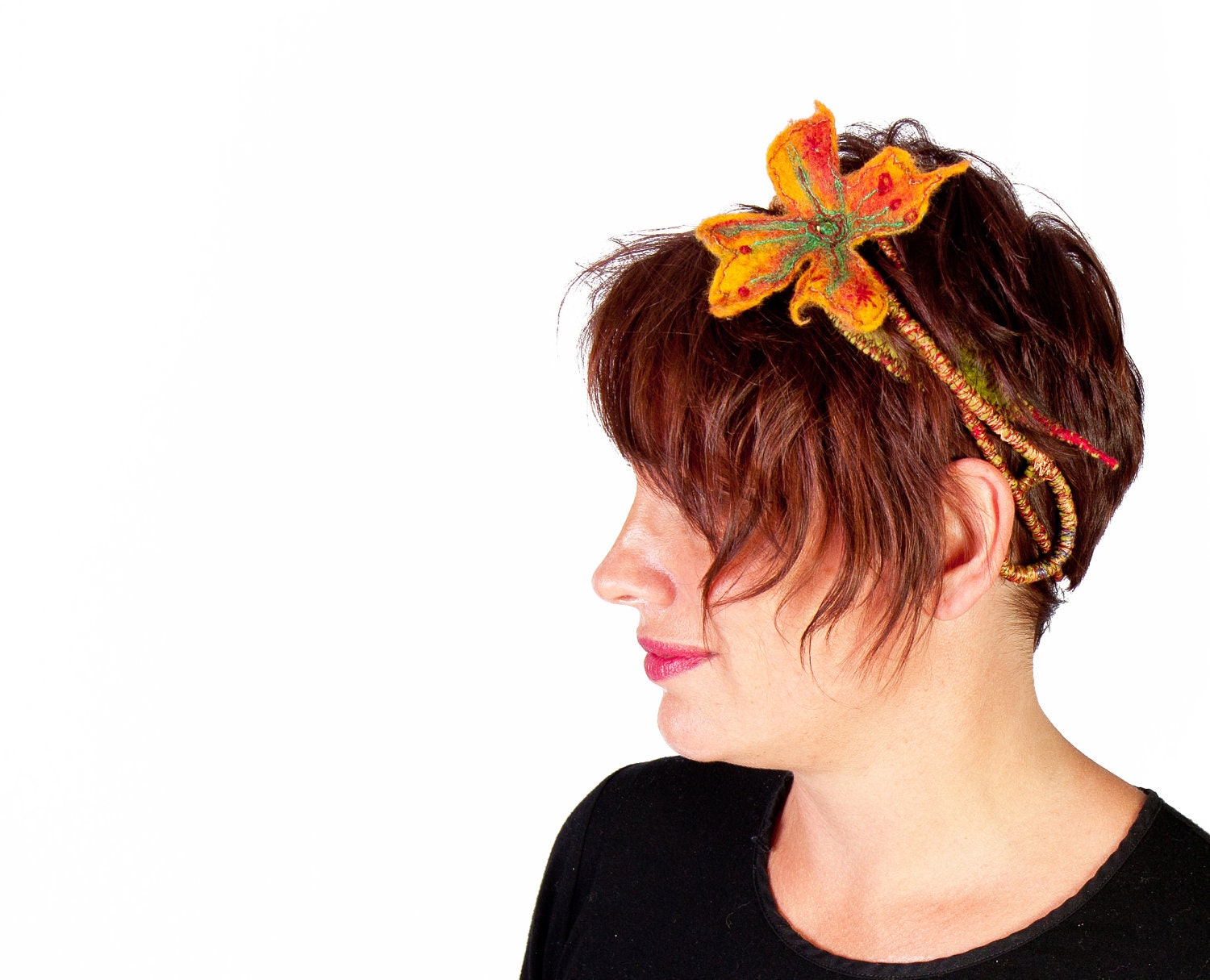 felt jewelry necklace headband, felt  flower embroidery, yellow green, sculptural  bracelet , art gift  woman handmade France