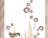 Birdie Flowers Summertime (Nature art print, Bird wall art, Little Birdy, Singing bird, Blissfulness)