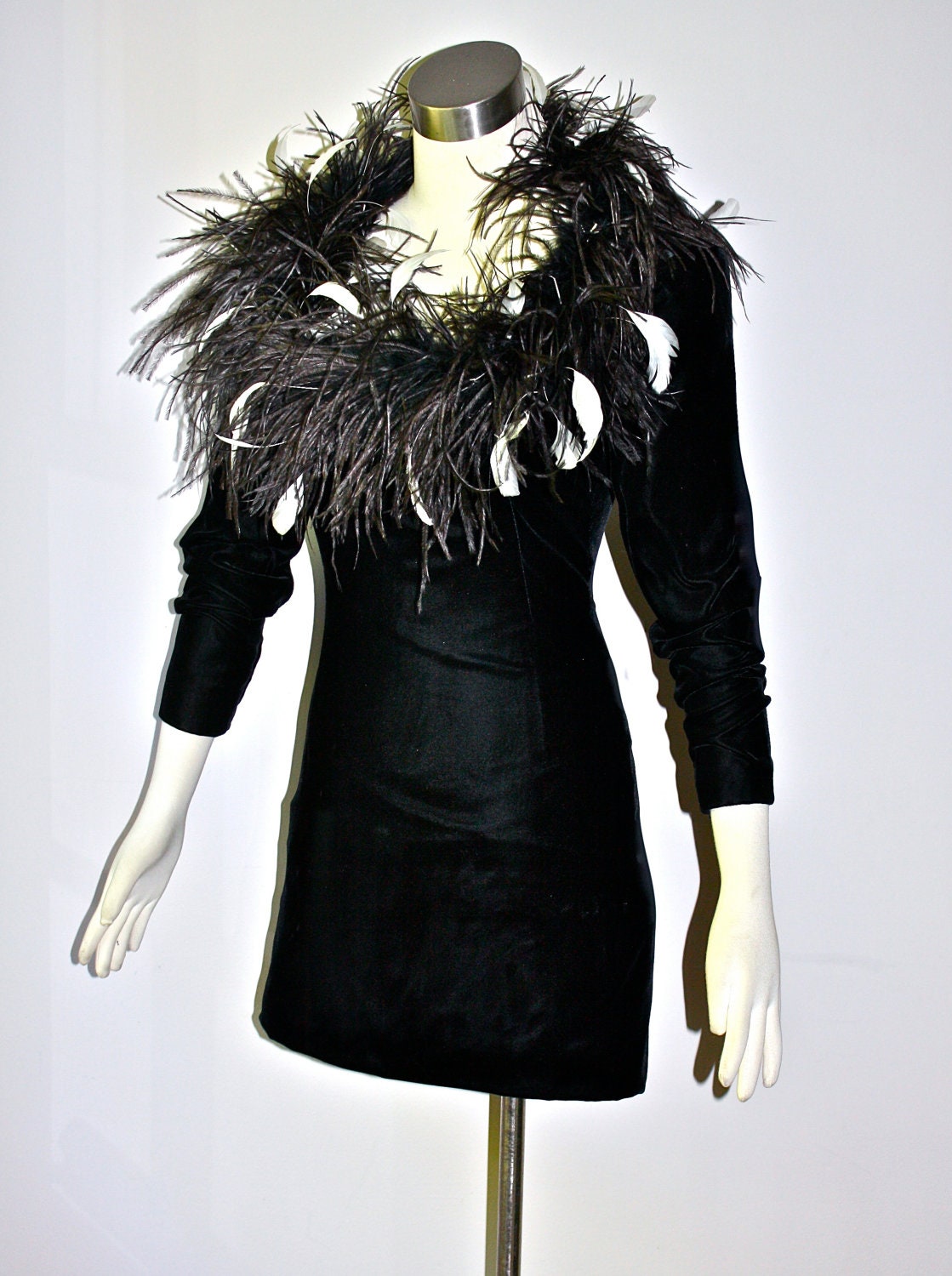 Vintage BILL BLASS Dress Black Velvet Full Feather Boa Mini Dress
