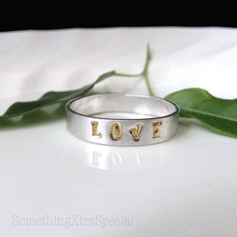 LOVE Band Ring, Silver Band Ring, Brushed Silver, 24 carat Gold.