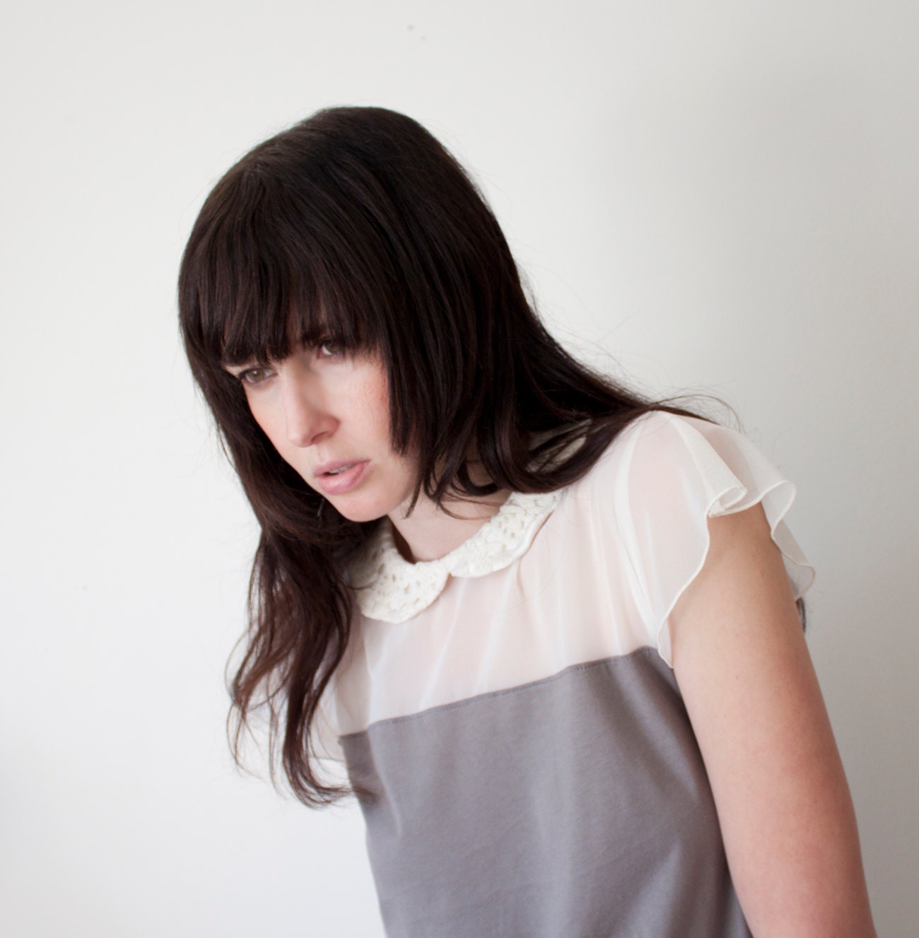 Peter pan collar shirt - arainy grey jersey with sheer ivory mesh and lace, long tunic dark bohemian style fashion - small
