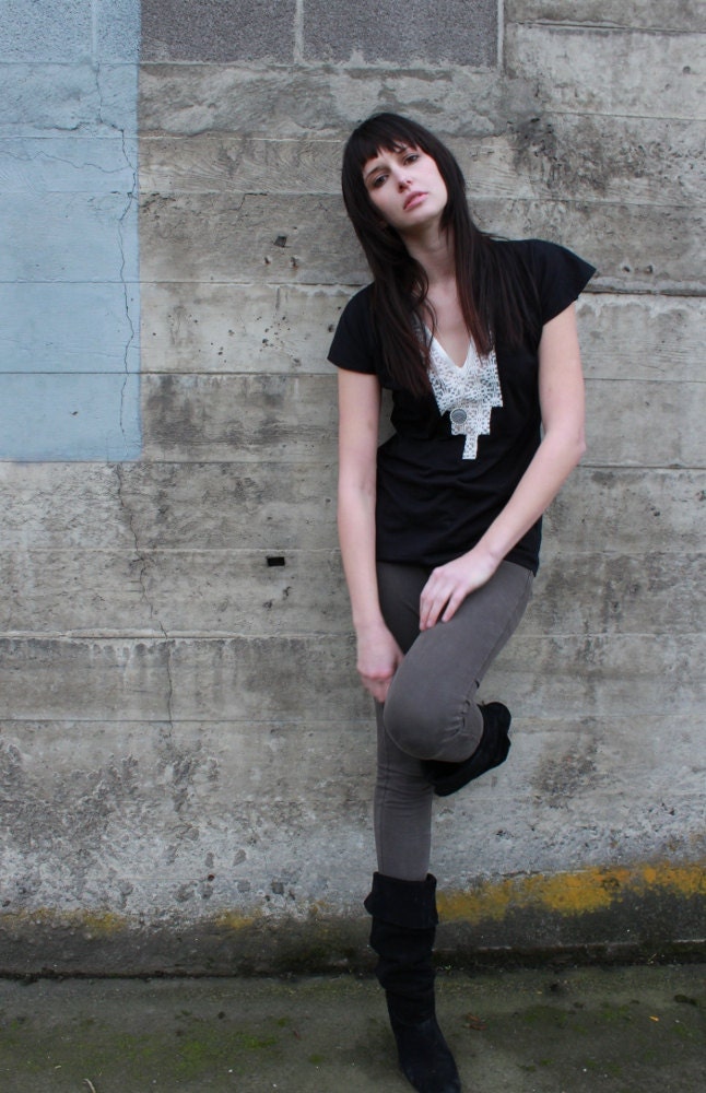 Minimalist street style tunic- smoke black jersey with off white lace, minimal geometric urban - medium