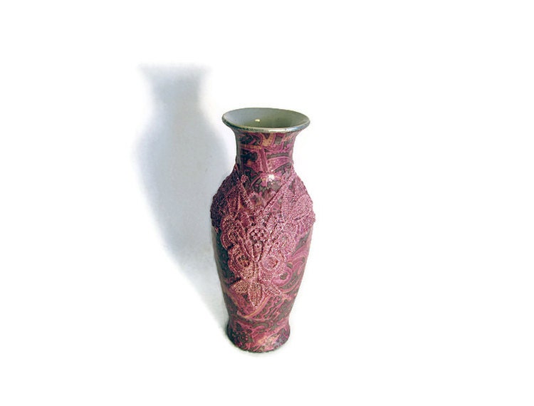 Decoupage Pink Vase mixed media art vase dusty rose mauve and gray boho home decor with paisley pattern and floral lace appliqué
