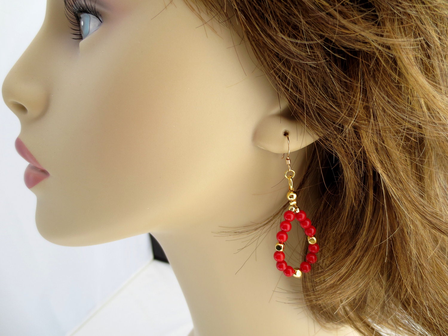 Red Shell Earrings, Red and Gold, Dark Red Shell Bead, 14K Gold Filled, Sparkly Teardrop, Dangle Earrings