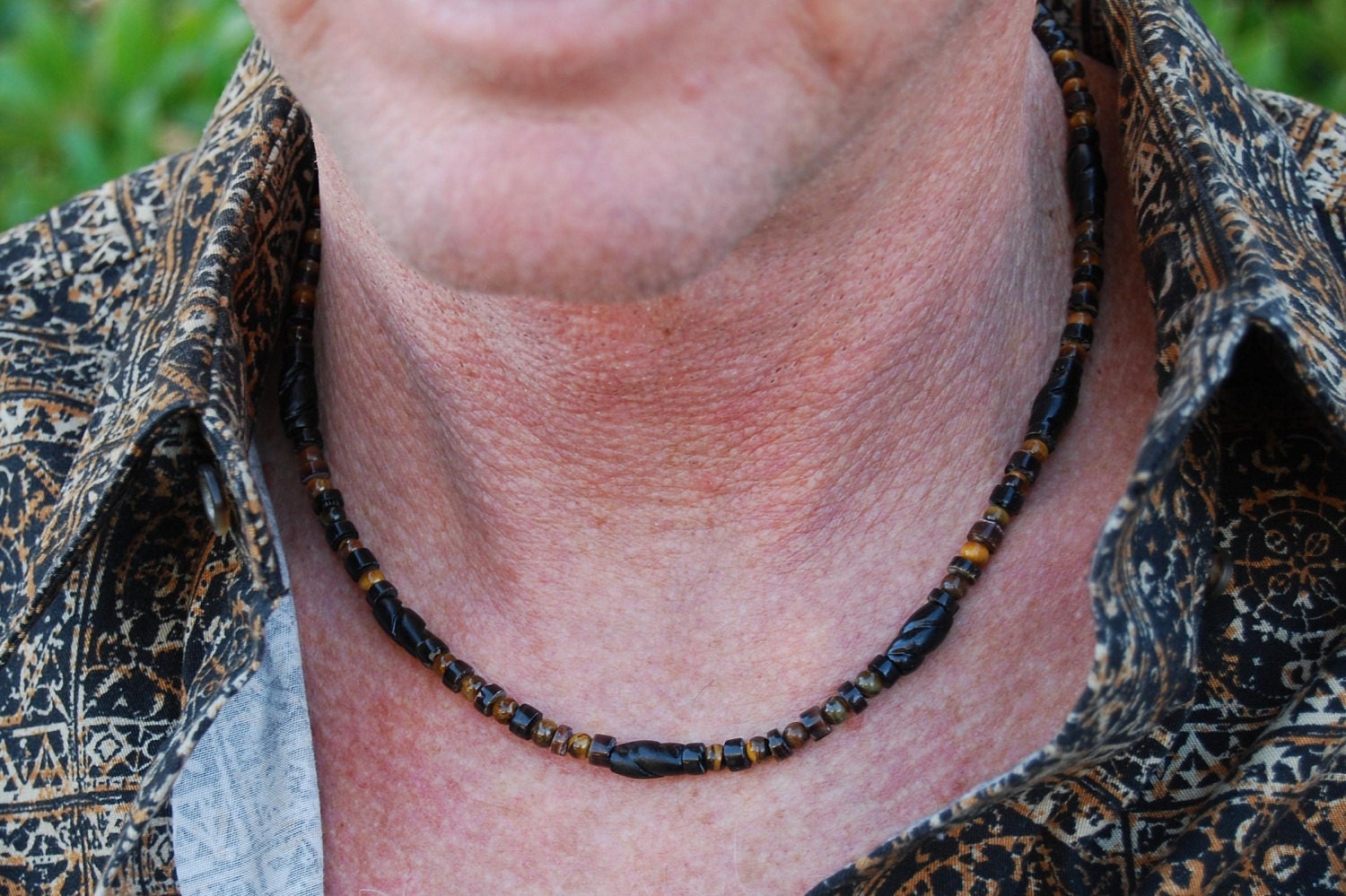 Tiger Blood - 19 In. Necklace - Sea Shell, Bone & Tiger Eye - Handmade Gemstone Jewelry - Male, Female, Unisex, Teens, Adults Gift Under 40