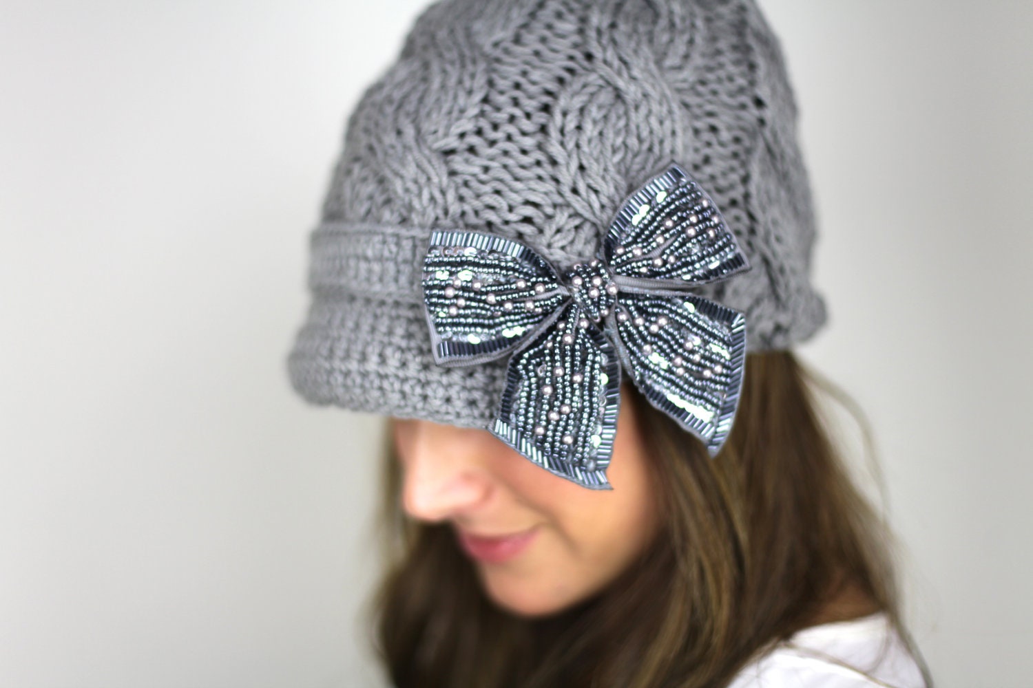 knitted hat, gray knitted bow hat, brown hat, knit hat, gray bow hat, winter hat, silver bow - gertiebaxter