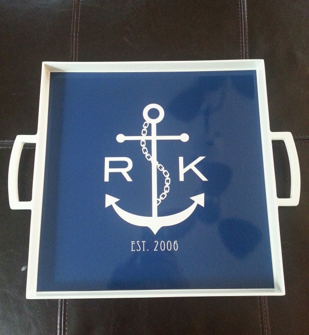 Personalized/ Monogram Melamine Square Serving Tray 12x12- Wedding Nautical Gift