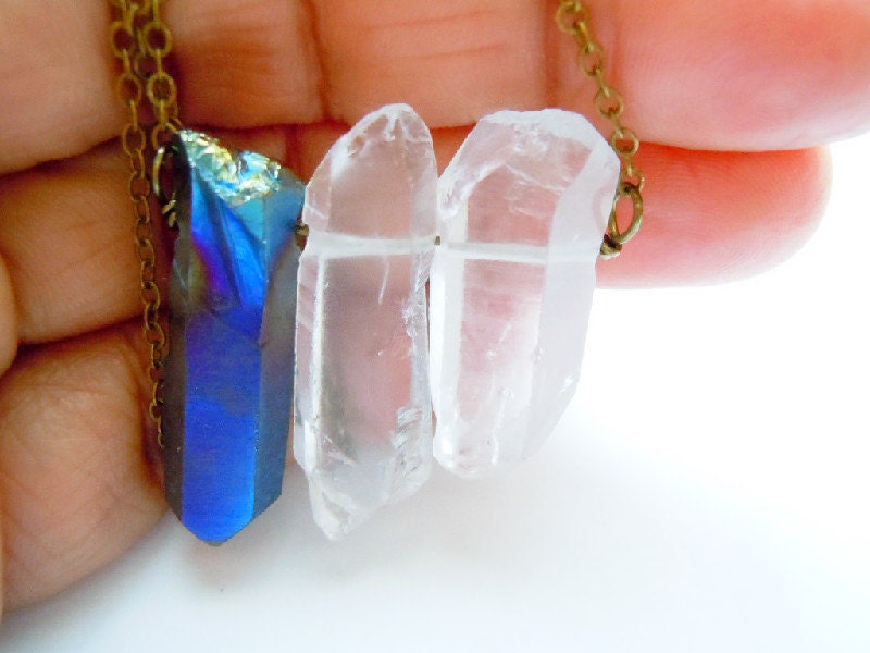 Raw Crystal Necklace - Icy Rainbow Blue and Clear Crystal Quartz Points - Natural History - Boho Gypsy