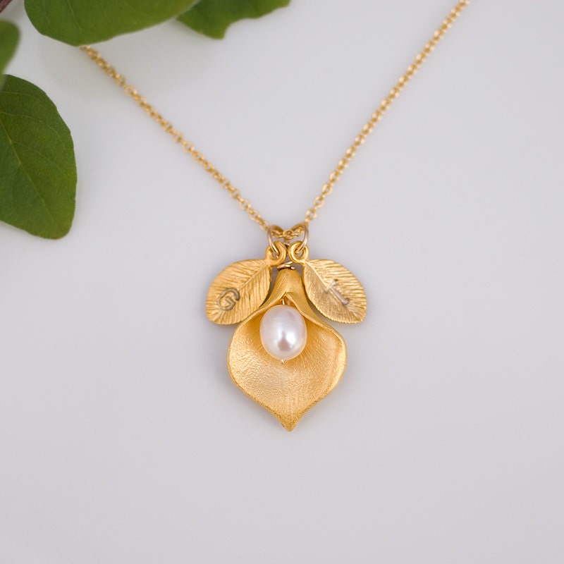 June White Freshwater Pearls Personalized Birthstone Necklace - Custom Initial Jewelry  - Personalized necklace - Calla Lilly Necklace