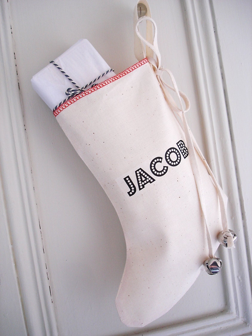 personalised babies christmas stocking : cotton, printed with any name, cotton bow with bells, cute holiday gift