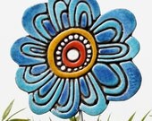 Flower garden art- garden decor- abstract plant stake - lawn ornament - ceramic and metal -hibiscus turquoise blue
