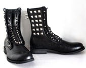 Spiked and Studded Faux Leather Combat Boots - Black
