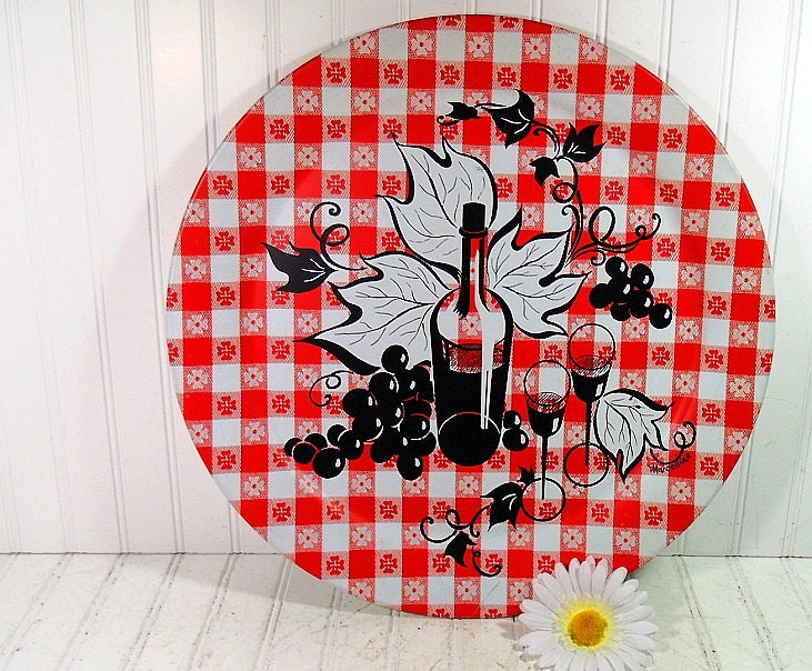 Retro Round Red Oversized Metal Tray - Vintage Marcelline Painting - Shabby Chic / BoHo Bistro Serving / Display