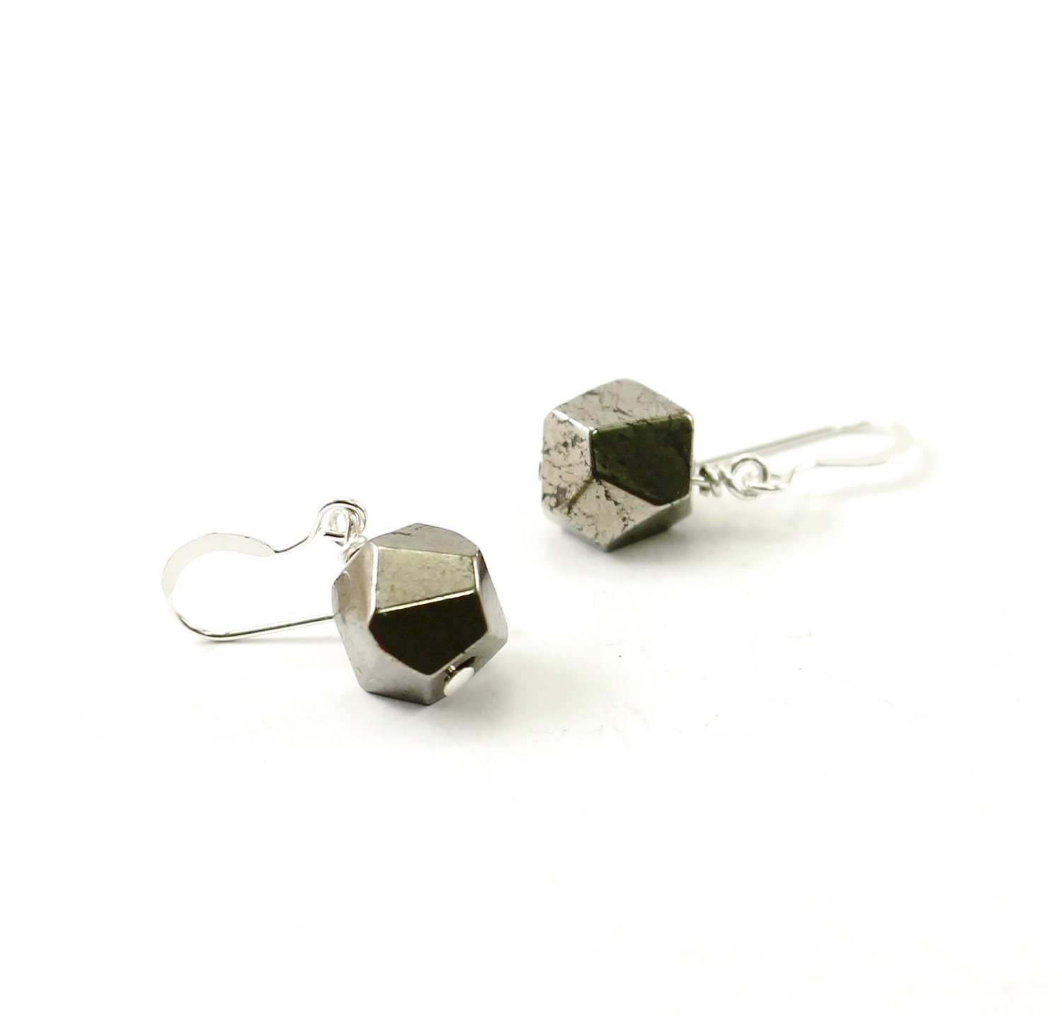 Natural stone earrings: pyrite earrings, sterling silver earrings metallic industrial chic grey gray urban