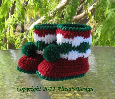 PDF Instant Download - Crochet Pattern 027 - Christmas Baby Pom-Pom Booties