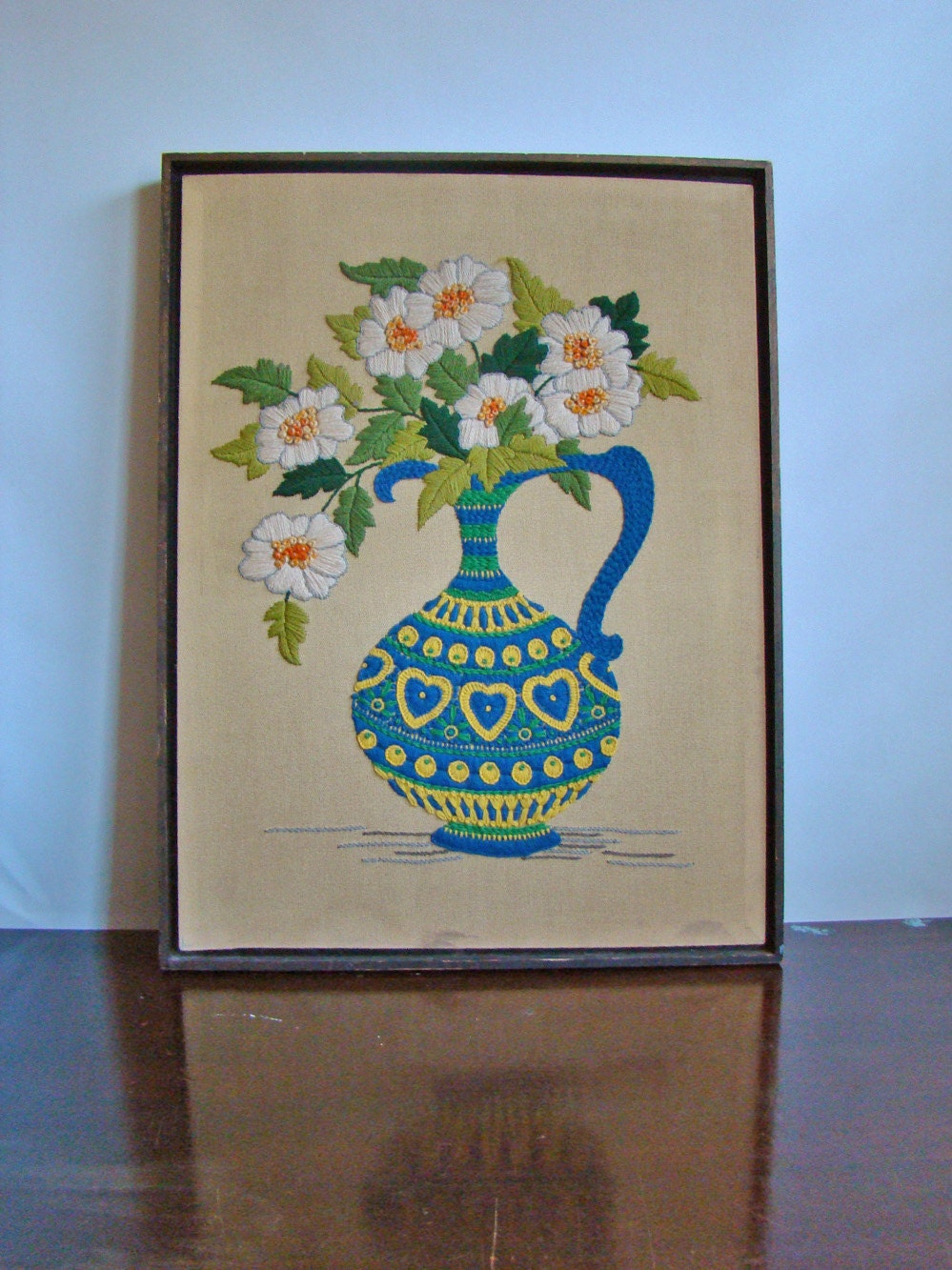 15% off SALE--vintage floral crewelwork large framed wall art: Vase of Daisies