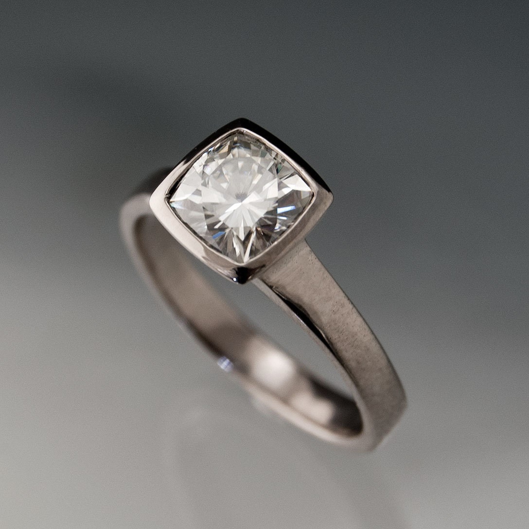 Moissanite Bezel Set Cushion Classic Solitaire Engagement Ring in Silver/Palladium