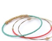 Beaded Bangle Bracelets // Set of 3 // Eco-Friendly Jewelry // Turquoise, Ivory, Coral Pink & Gold Bracelets // Handmade // Recycled