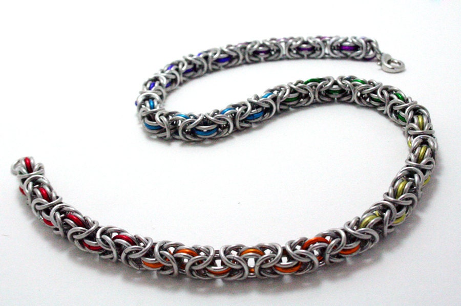 Chainmaille Necklace: Rainbow LGBTQ Pride in Byzantine Stripe