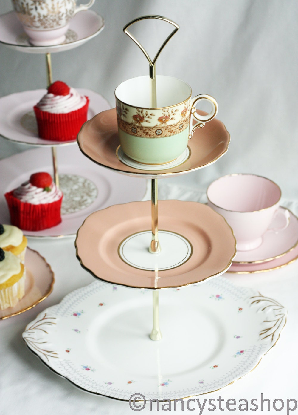 Sweet 3 tier cake stand / cupcake stand: Salisbury and Colclough china topped with Royal Worcester cup, a unique party centerpiece