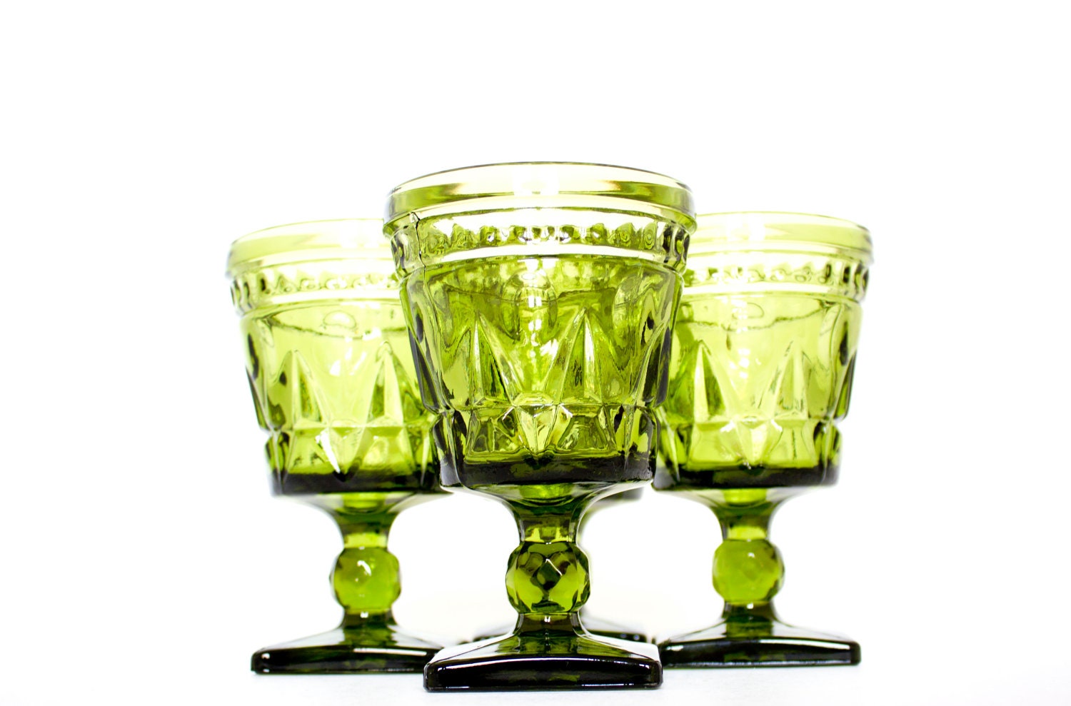 Green Glassware Set Green / Wine Goblets / Wine Glasses / Mid Century / Mad Men Free Shipping