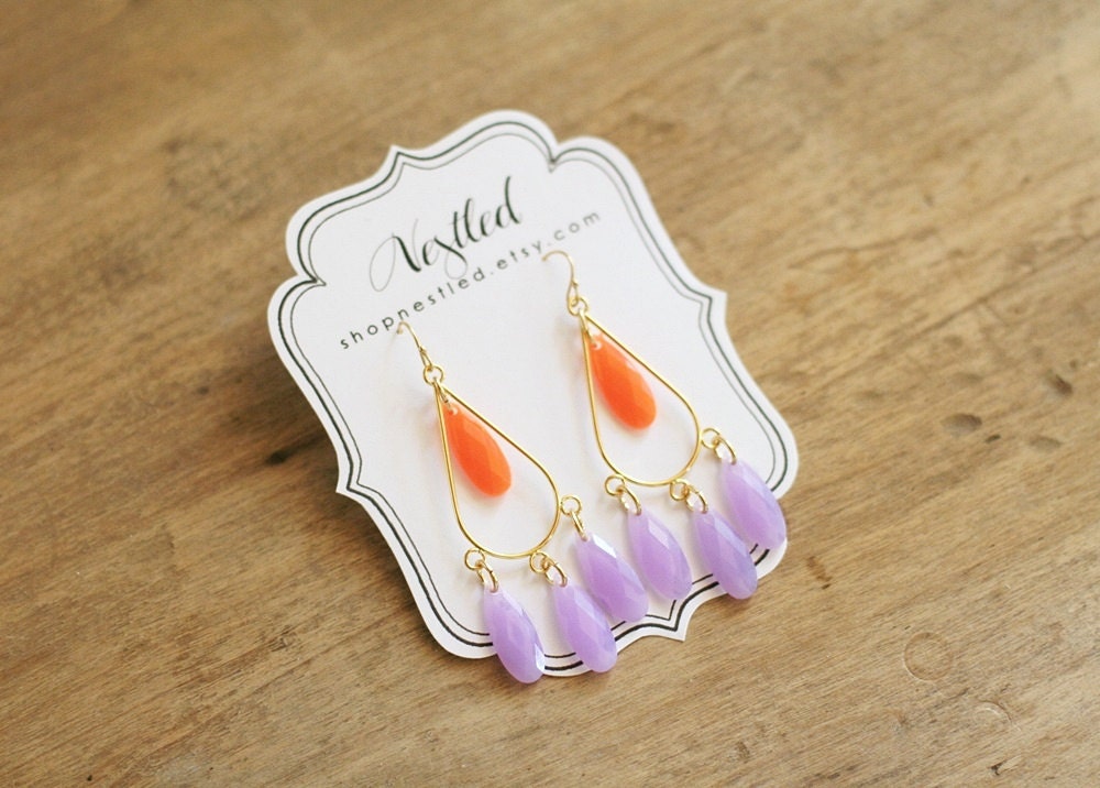 Orange and Lilac Purple Teardrop Chandelier Statement Earrings