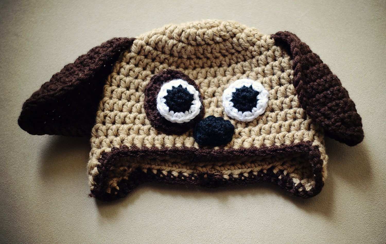 Crochet baby hat happy brown puppy, size baby 0-3 months, 3-6 months, 6-12 months, quality wool blend yarn