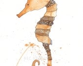 Seahorse Beach Animal Watercolor Art Drawing 8x10" Print (unframed)