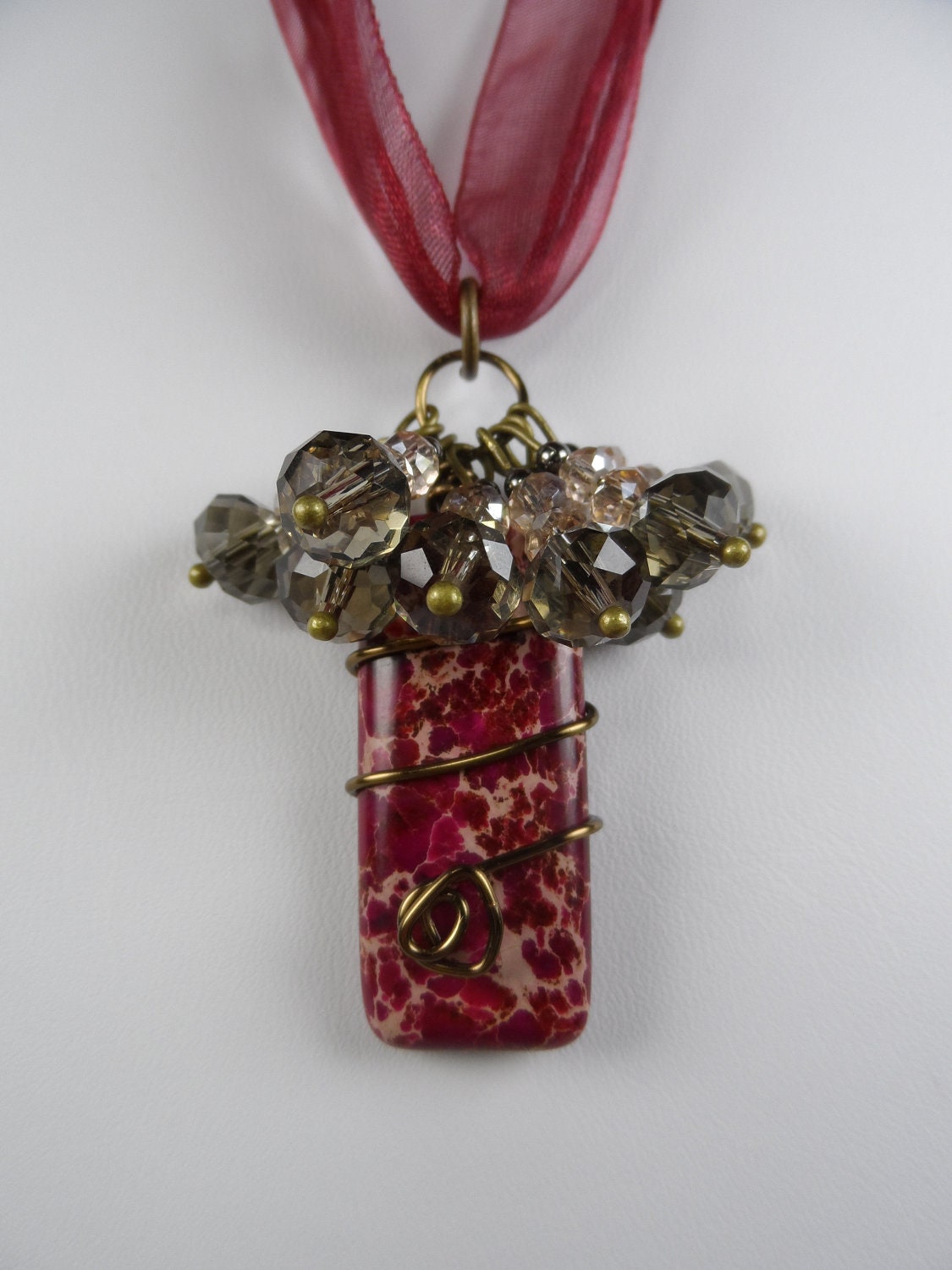 Purple/Red Sea Sediment Jasper with Antique Brass Wire Wrapped Tassels with Ribbon Necklace