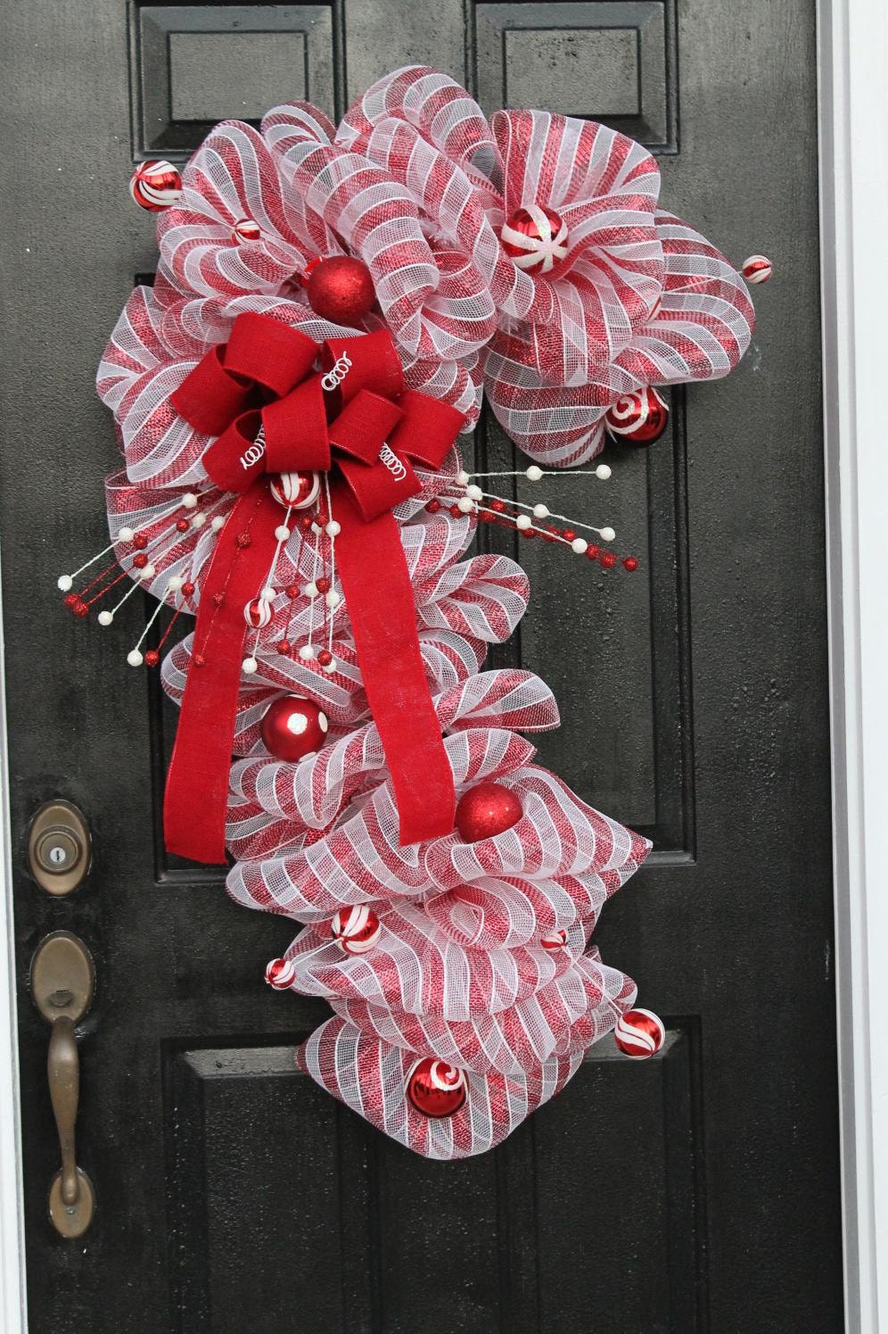 Candy Cane Christmas Mesh Wreath/ red and white, red burlap ribbon, ornaments