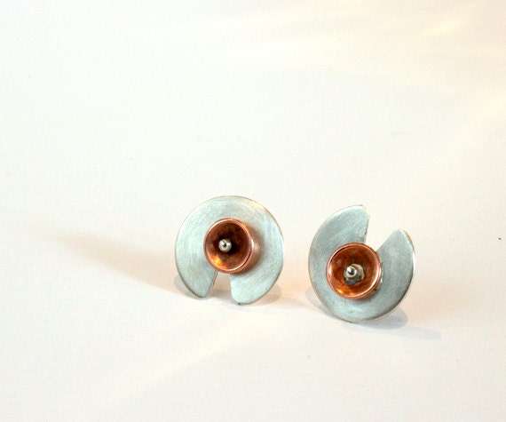 Lily Pad Stud Earrings, Copper and Sterling Silver - waterlily - Handmade - Unique - Gift - For Her  - Made to order