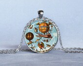 HOT AIR BALLOON Pendant Vintage Air Ships Jewelry Hot Air Balloons Necklace Blue Orange Red Fantasy Necklace Air Ship Art Fantasy Steampunk