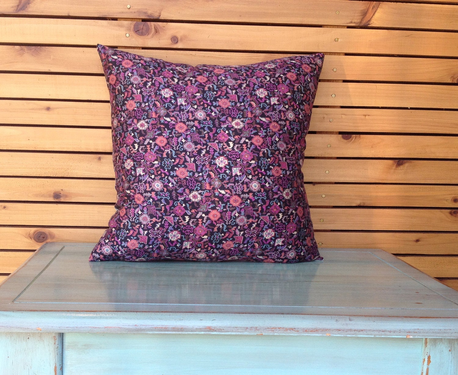 Tribal print decorative throw pillow, blue/grey silk and linen blend back, turquoise, coral, purple, 18x18 pillow cover and pillow insert