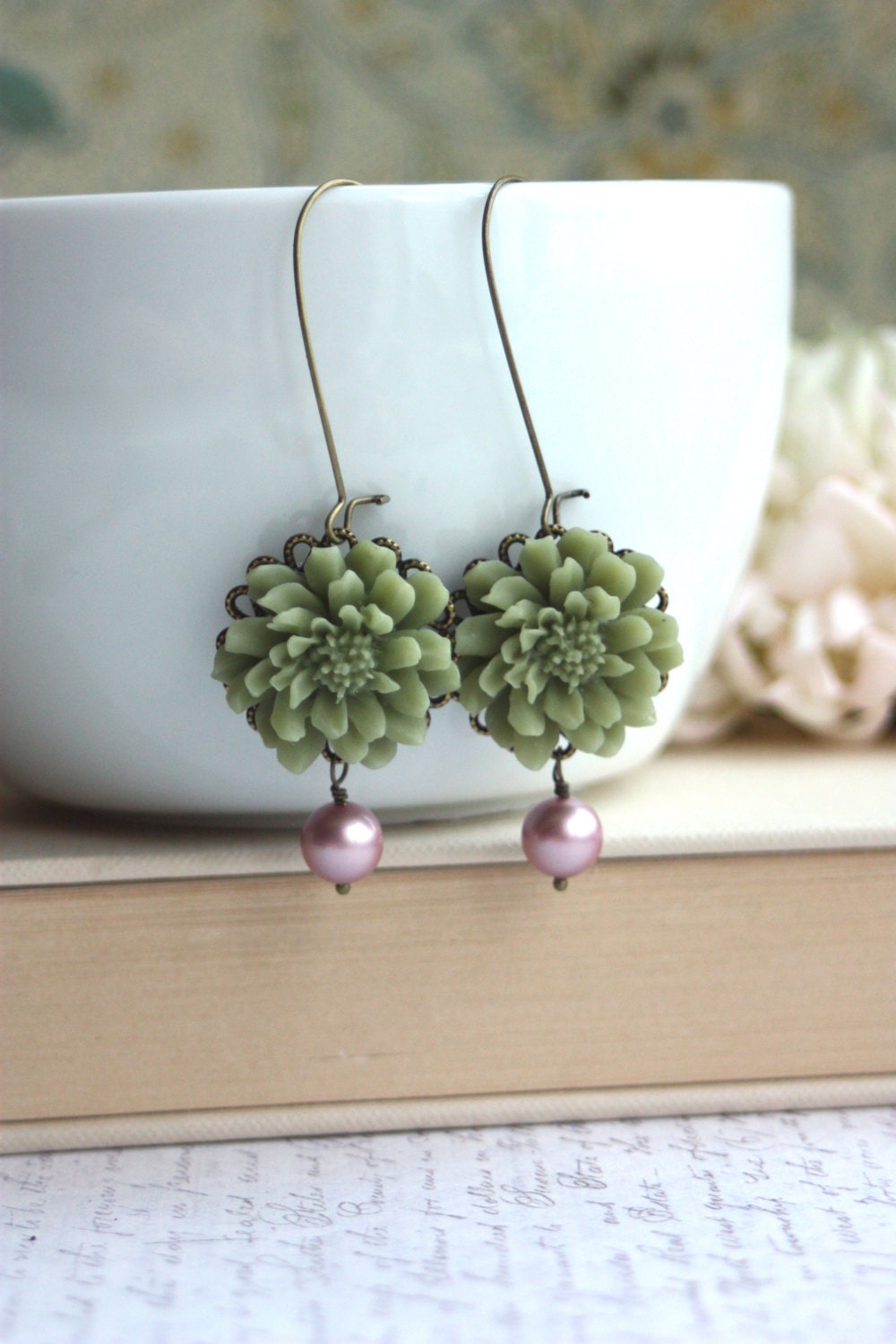 Romantic Country Shabby Chic Green Olive Mum Flower, Matte Powder Pink Pearl Dangle Drop Earrings. Statement. Gifts for Her. Nature Garden